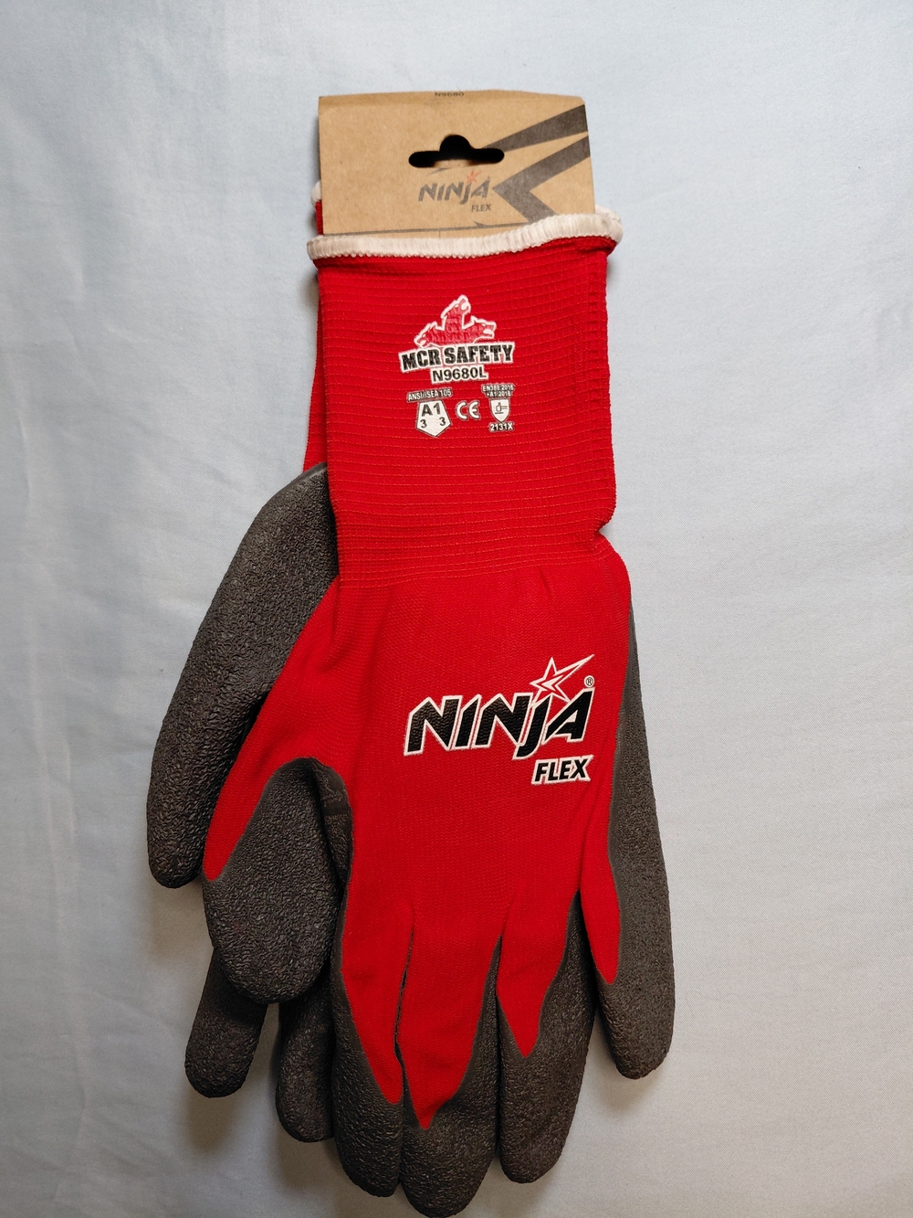 Large Ninja Flex Red Work Gloves with Gray Grip